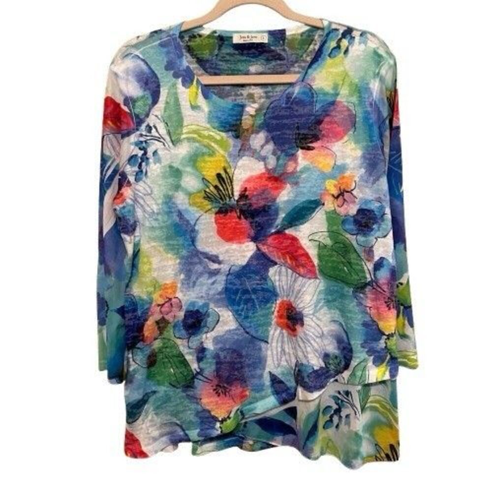 Jess & Jane Floral Burnout Tunic Top Womens Large Colorful 3/4 Sleeve Boho Artsy